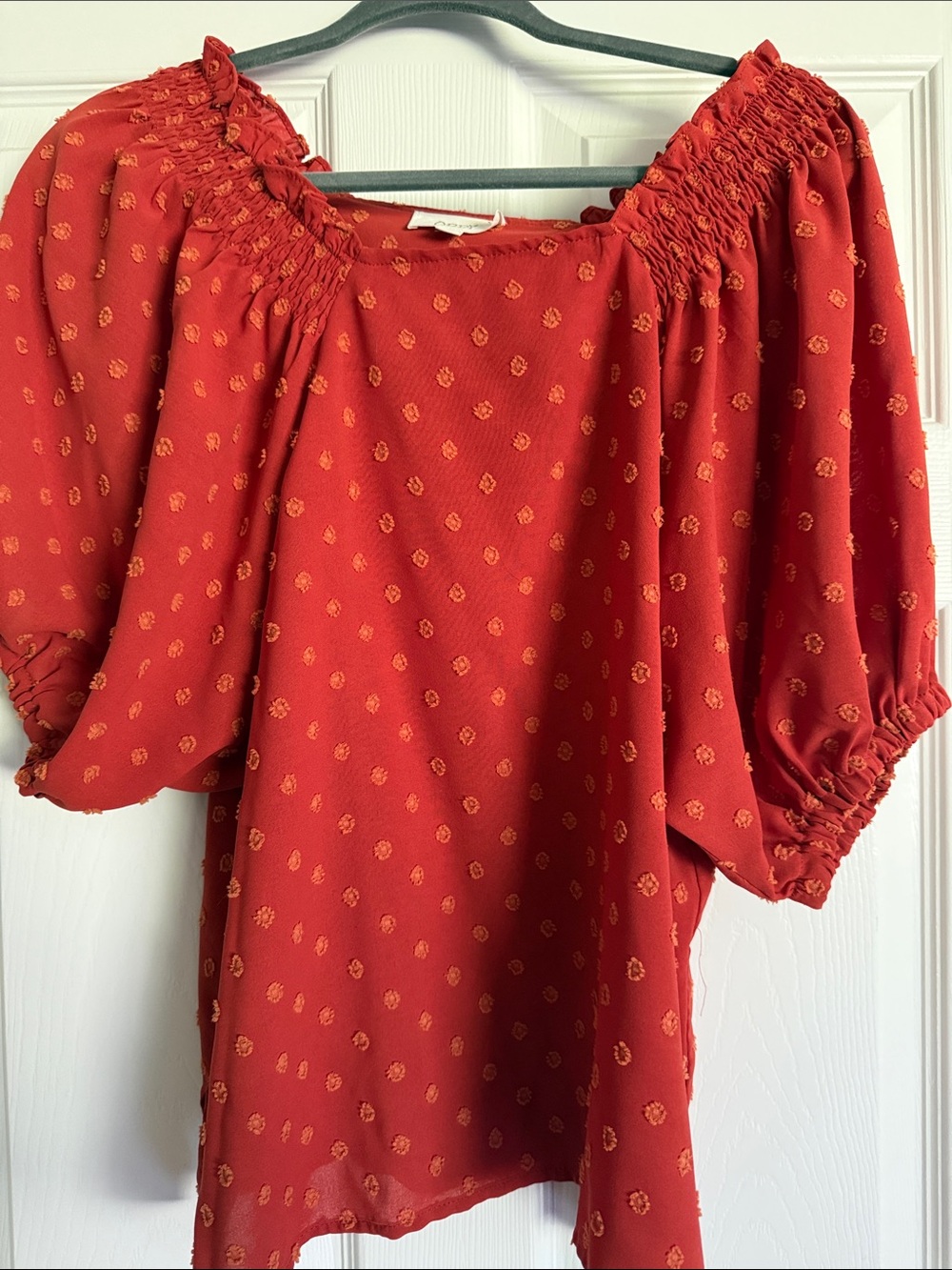 Smocked-Neck Rust Red Puff Sleeve Blouse